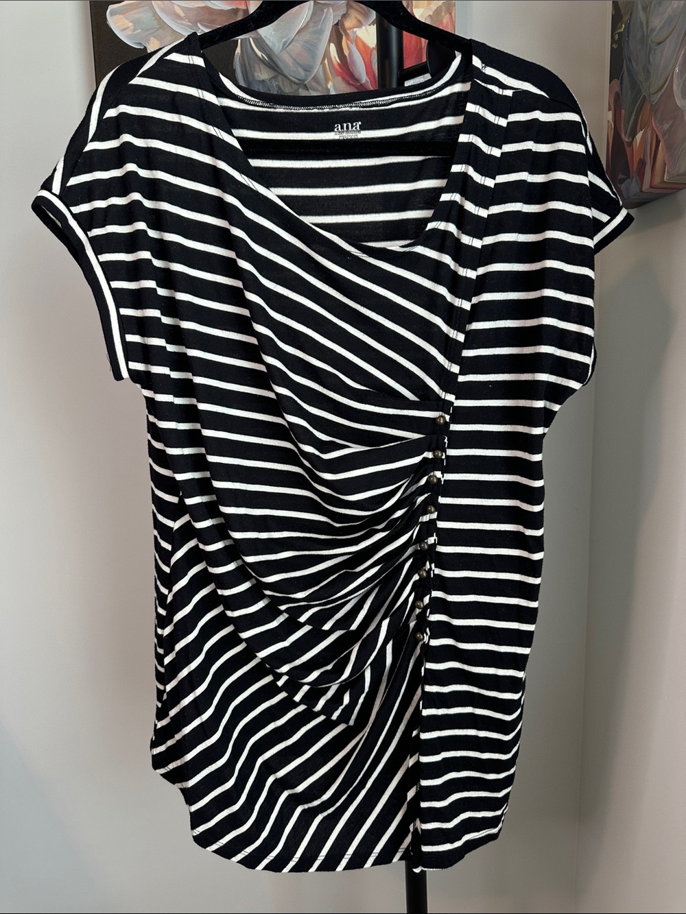 a.n.a Black and White Striped Draped Short-Sleeve Top with Side Ruching